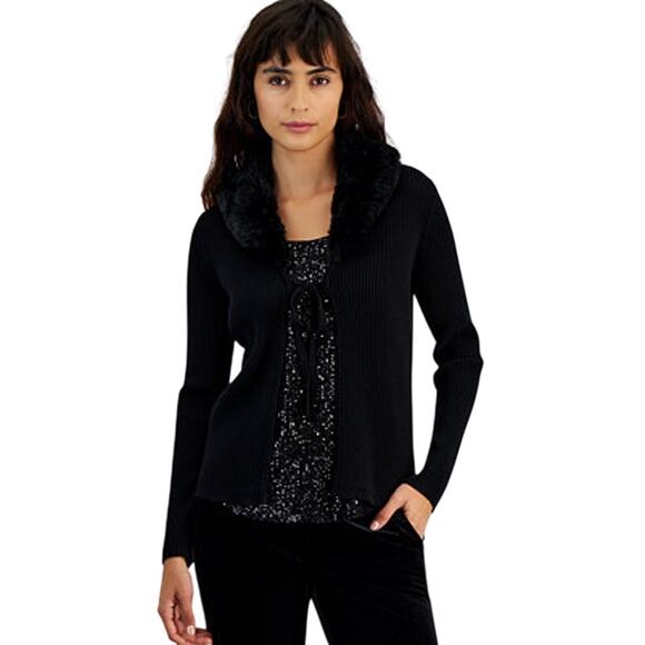 Bar III Sweaters - Bar III Women's Faux Fur Collar Ribbed Knit Sweater in Black
